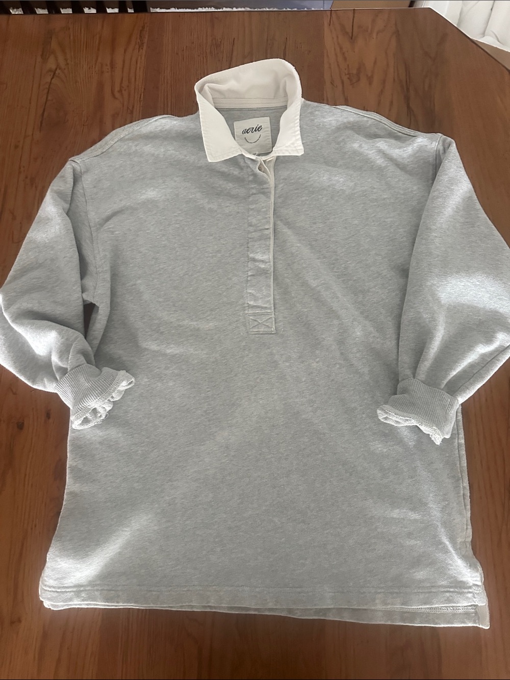 aerie Light Gray Women’s Henley Rugby Pullover with White Collar